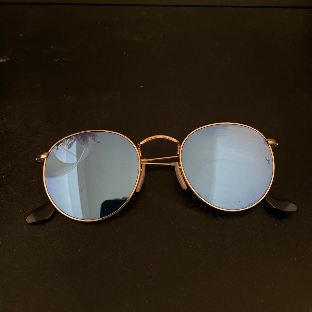 Rayban Round Gold Frame Sunglasses with Blue Lenses
